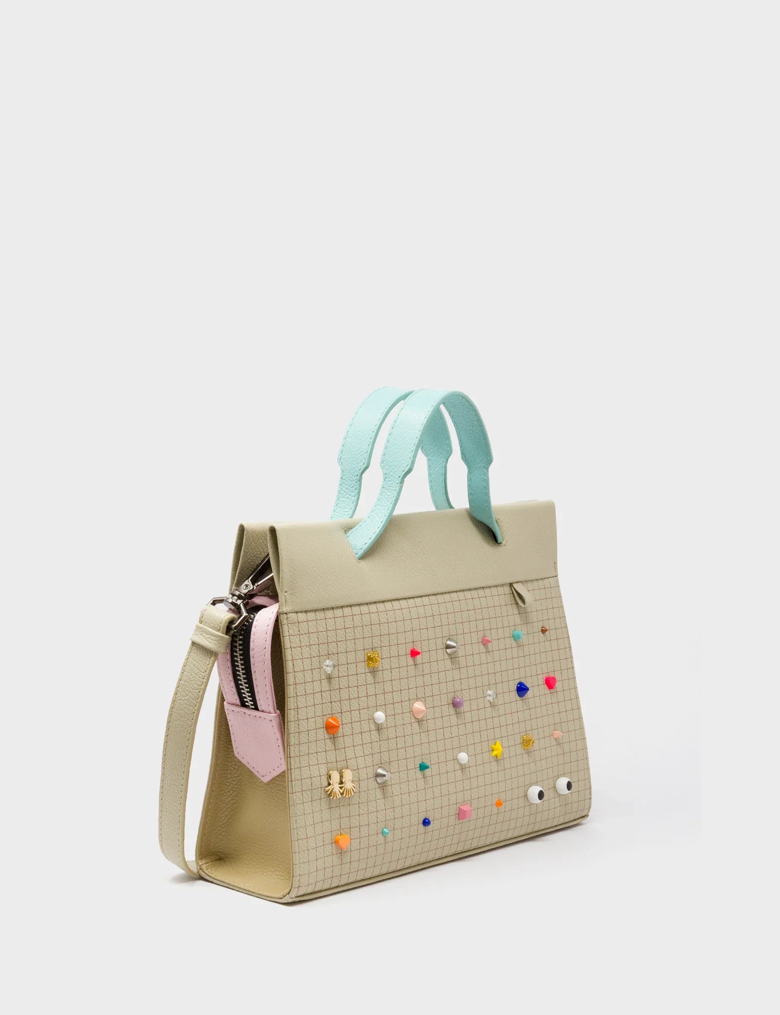Vali Crossbody Gravel Beige Leather Bag - Studs Pattern