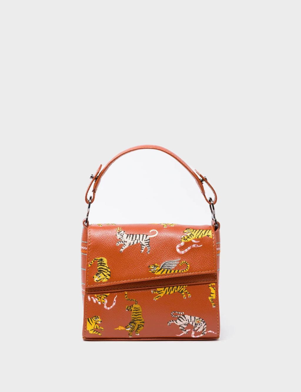 Anastasio Micro Crossbody Handbag Baked City Brown Leather - Retro Tiger Embroidery