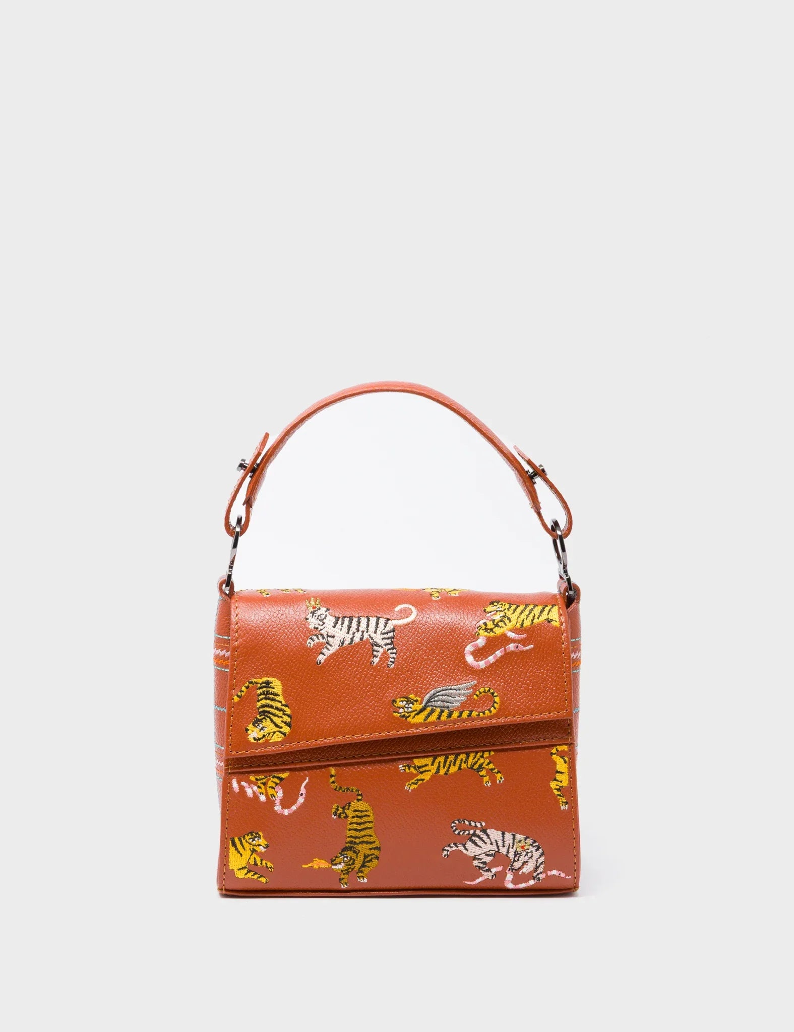 Anastasio Micro Crossbody Handbag Baked City Brown Leather - Retro Tiger Embroidery