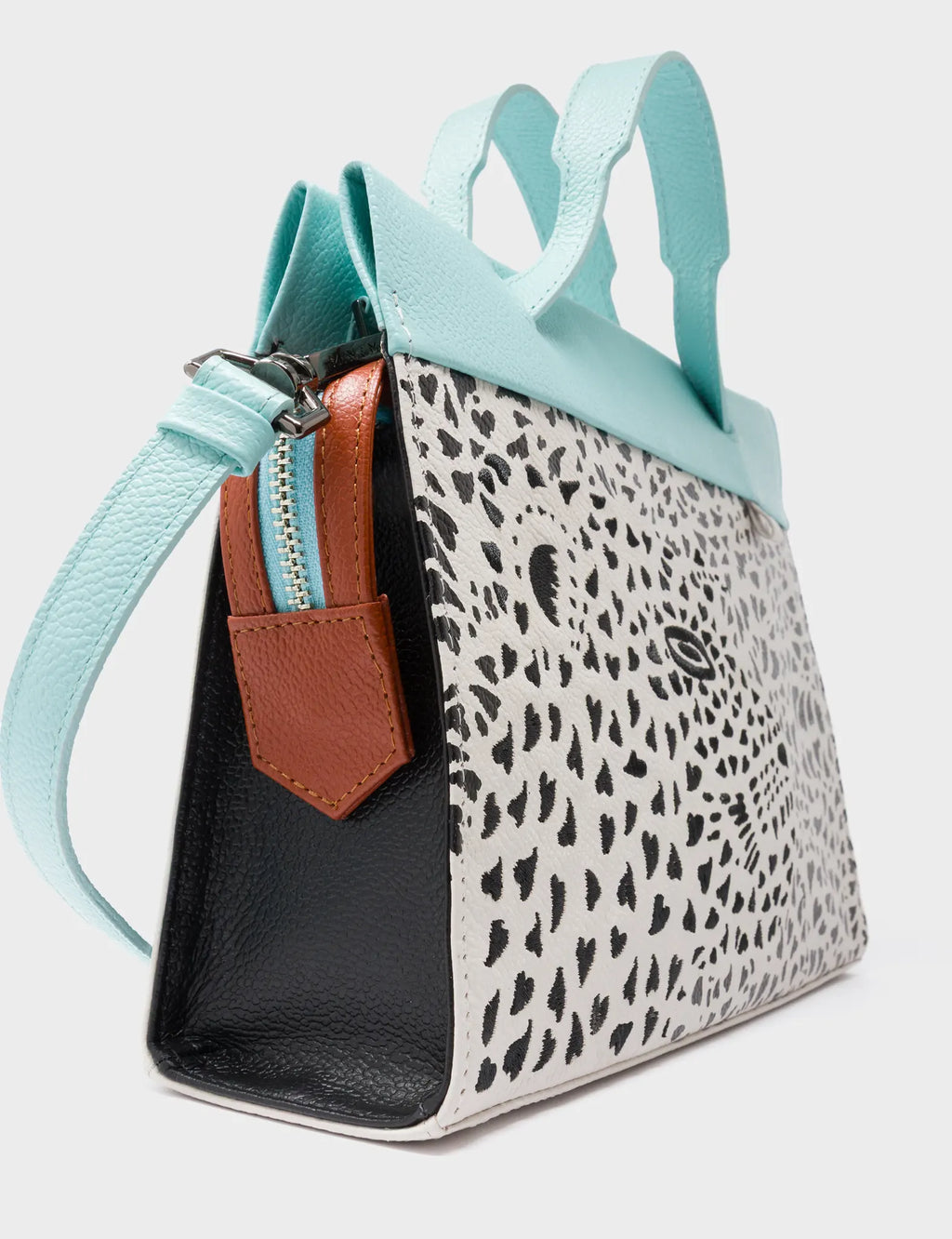 Vali Crossbody Cream and Eggshell Blue Leather Bag - Retro Tiger Embroidery