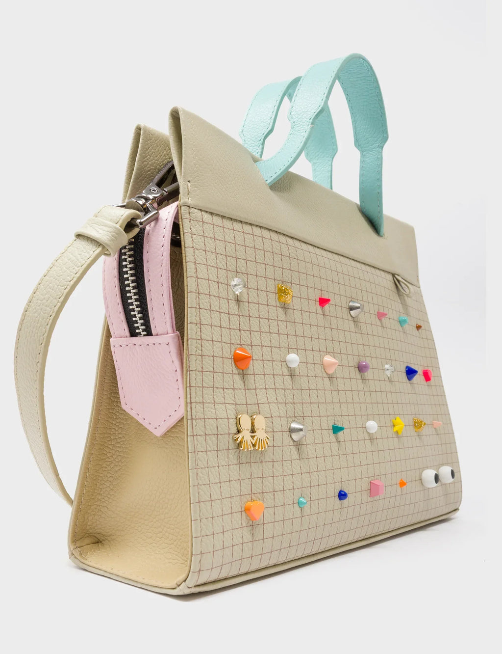 Vali Crossbody Gravel Beige Leather Bag - Studs Pattern