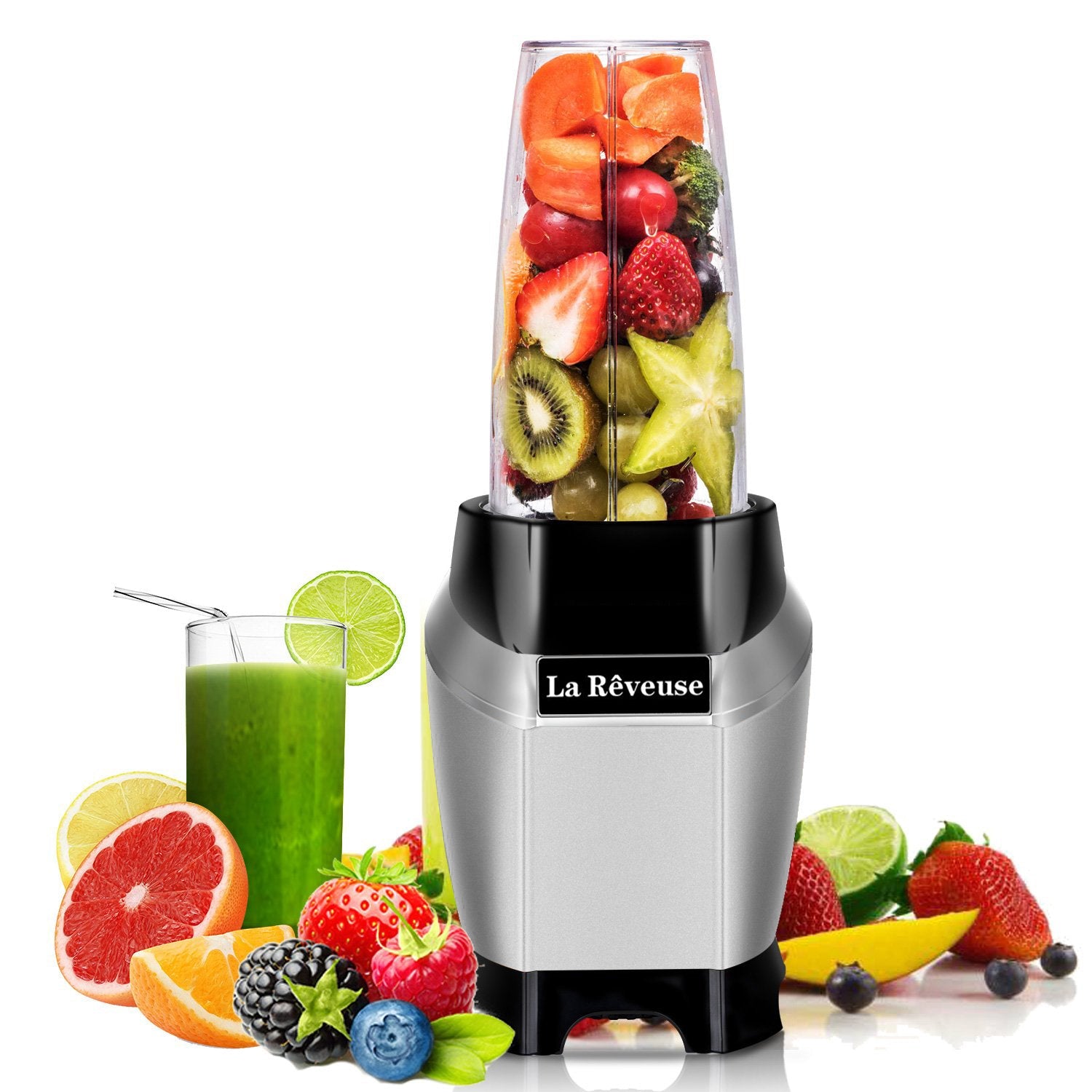 La Reveuse Personal Intellgent Blender 1000W Powerful Motor Ice Crusher With Travel Lid BPA Free - 24oz Portable Sports Bottle Golden Stainless Steel Blade - SILVER LARB1803G