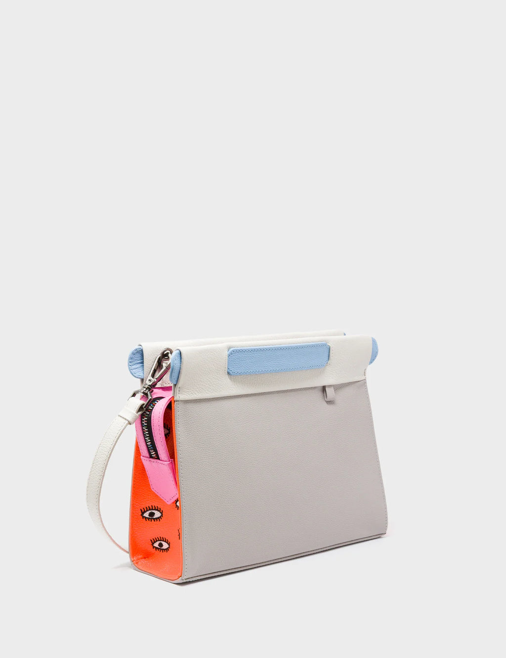 Vali Crossbody Small Gray Leather Bag - All Over Eyes Embroidery