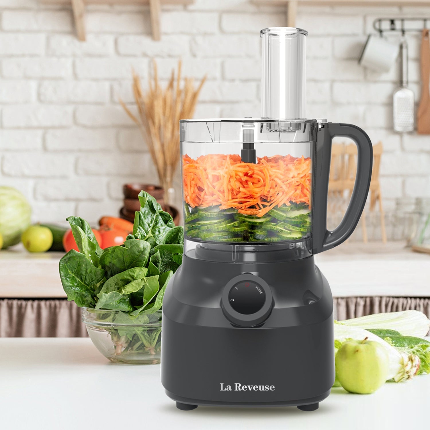 La Reveuse 4 Cup Food Processor Vegetable Chopper. 400 Watts. for Slicing.Shredding.Grating.Juicing.Emulsfying.Mixing