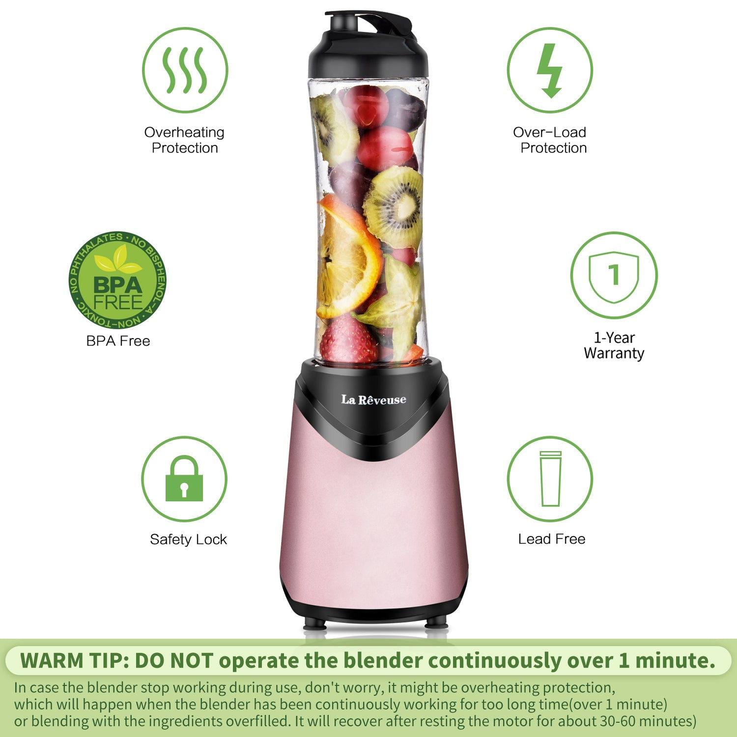 La Reveuse Smoothie Blender Personal Size 300 Watts with 2 Pieces 18 oz BPA Free Travel Sports Bottles.Grey (Pink)