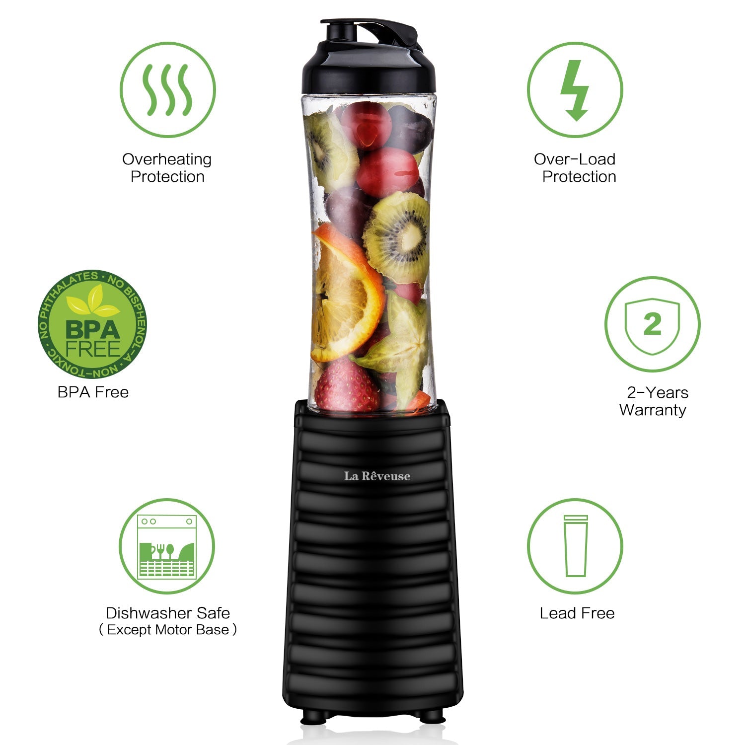 La Reveuse Smoothies Blender 300 Watt with 18 oz BPA Free Portable Travel Sports Bottle - Black 1801B