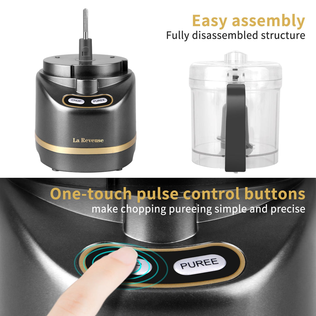 La Reveuse Electric Mini Food Processor with 200 Watts.2-Cup Prep Bowl for Mincing.Chopping.Grinding.Blending.Pureeing.Metallic Grey
