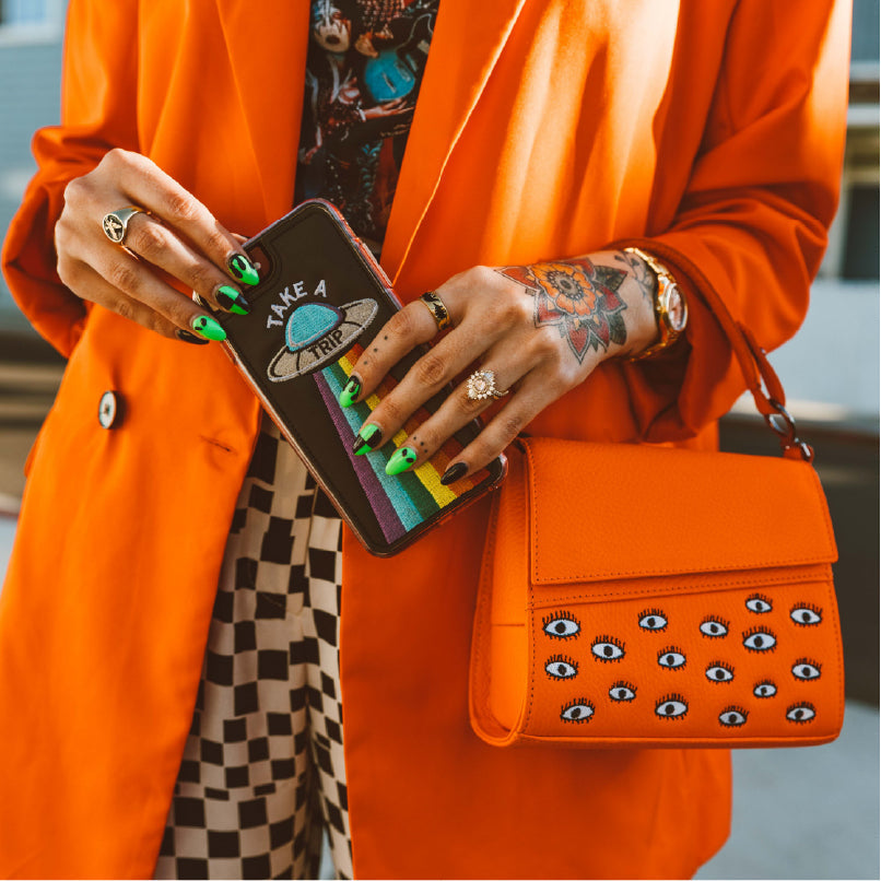 Anastasio Micro Crossbody Handbag Neon Orange Leather - Eyes Embroidery