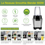 La Reveuse Countertop Blender - Making Shakes and Smoothies 600 Watts-with 20 oz and 24 oz BPA Free Portable Travel Bottles - Dishwasher Safe