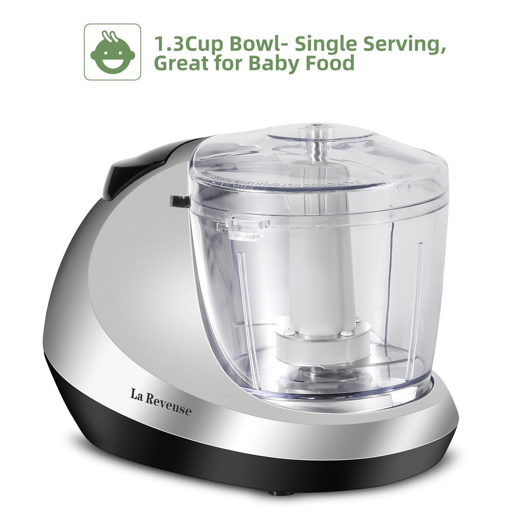 La Reveuse Electric Mini Food Chopper. Vegetable Fruit Cutter. Meat Grinder Mincer with 1.3-Cup Prep Bowl. Silver. LARB1809