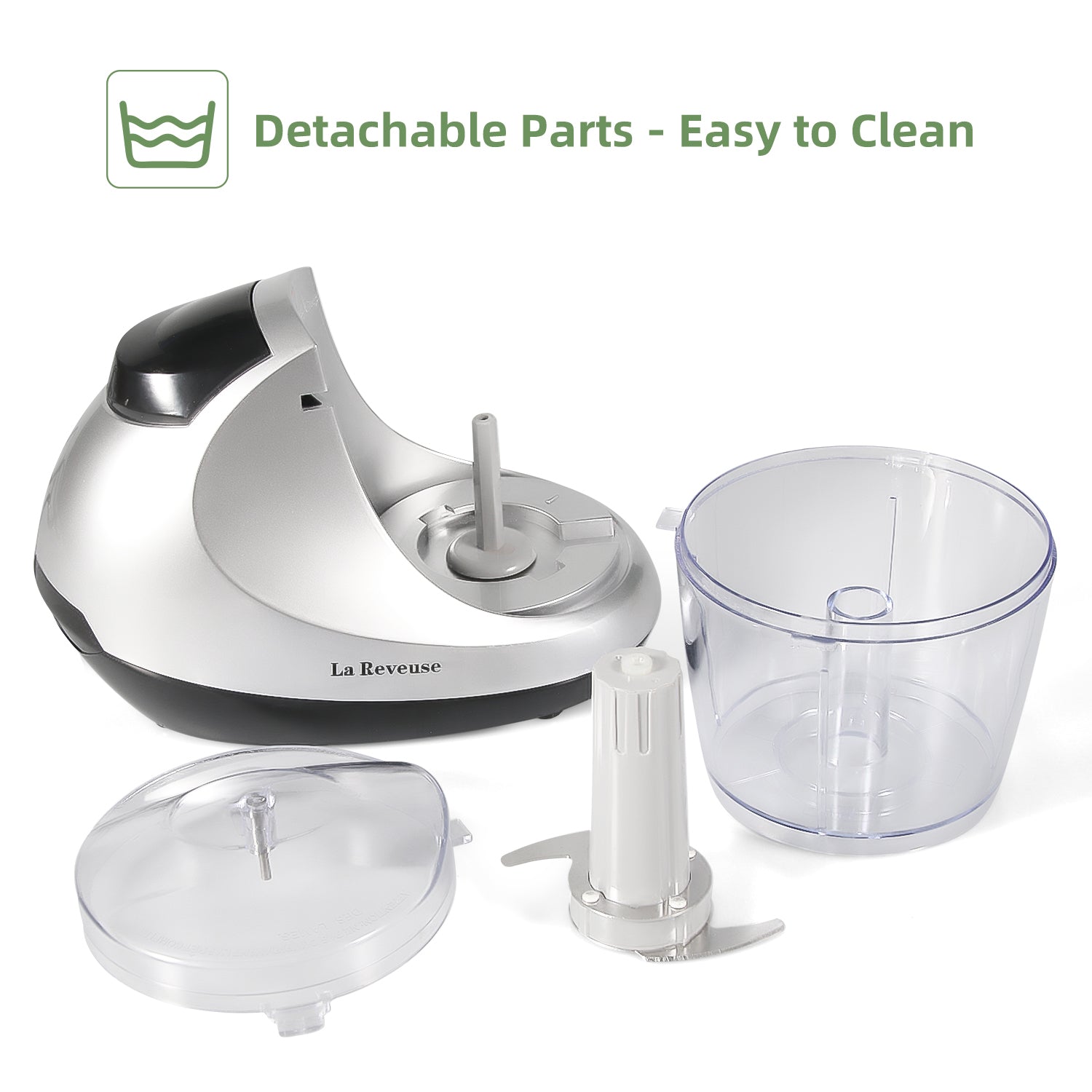 La Reveuse Electric Mini Food Chopper. Vegetable Fruit Cutter. Meat Grinder Mincer with 1.3-Cup Prep Bowl. Silver. LARB1809