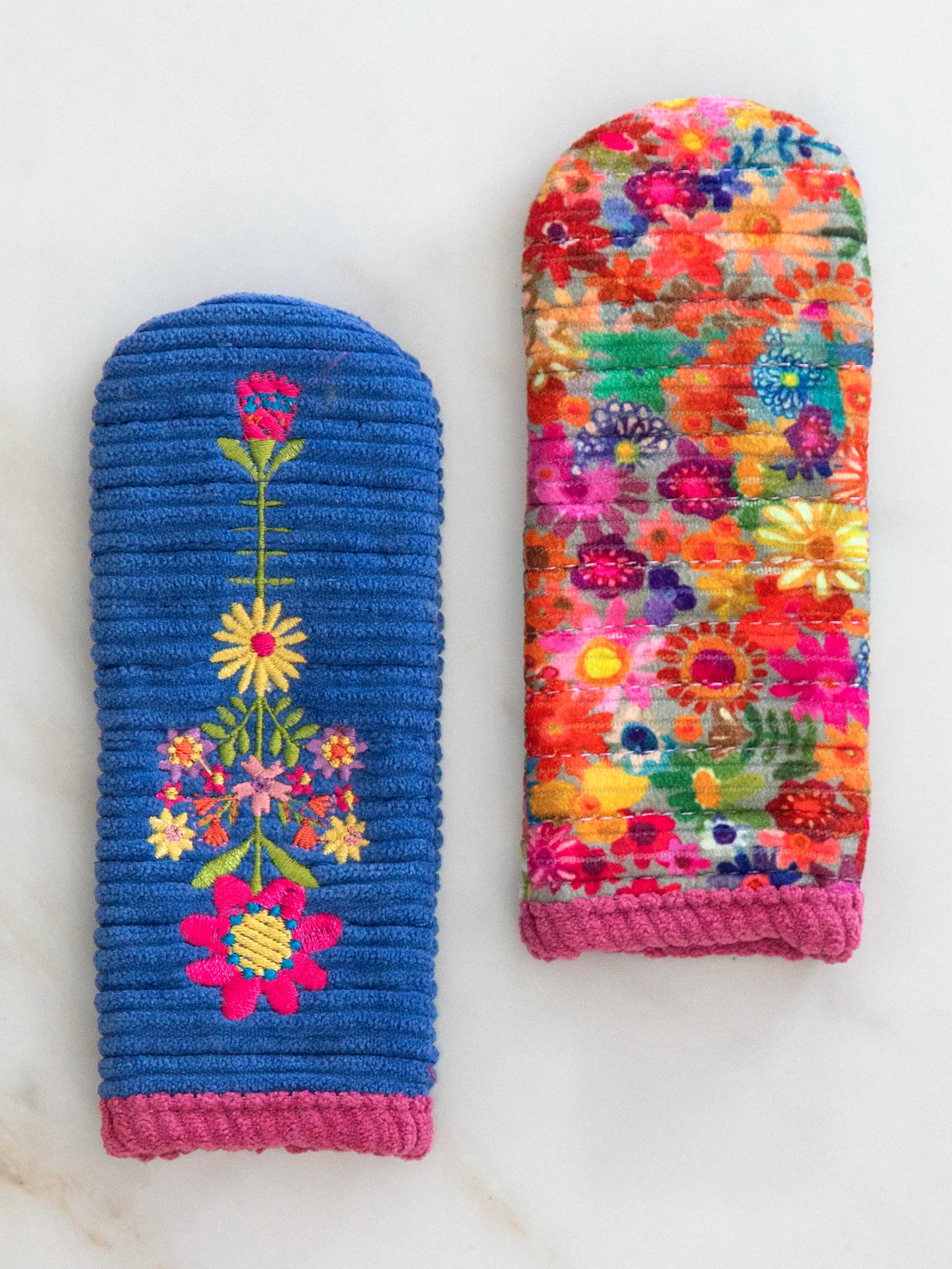 Skillet Handle Holders. Set of 2 - Blue Folk Flower Patchwork