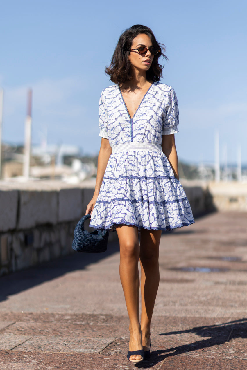 Ginette Embroidered Mini Dress Blue