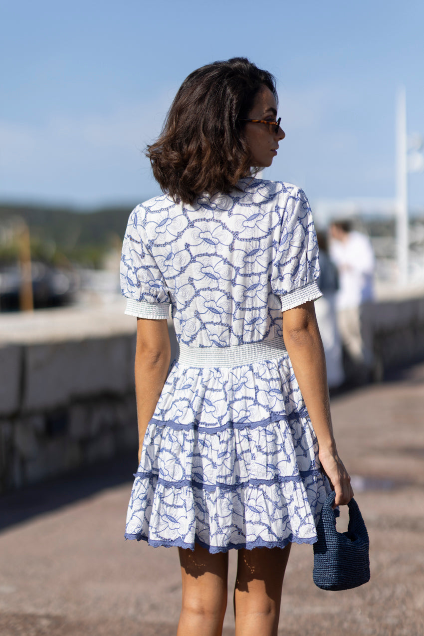Ginette Embroidered Mini Dress Blue