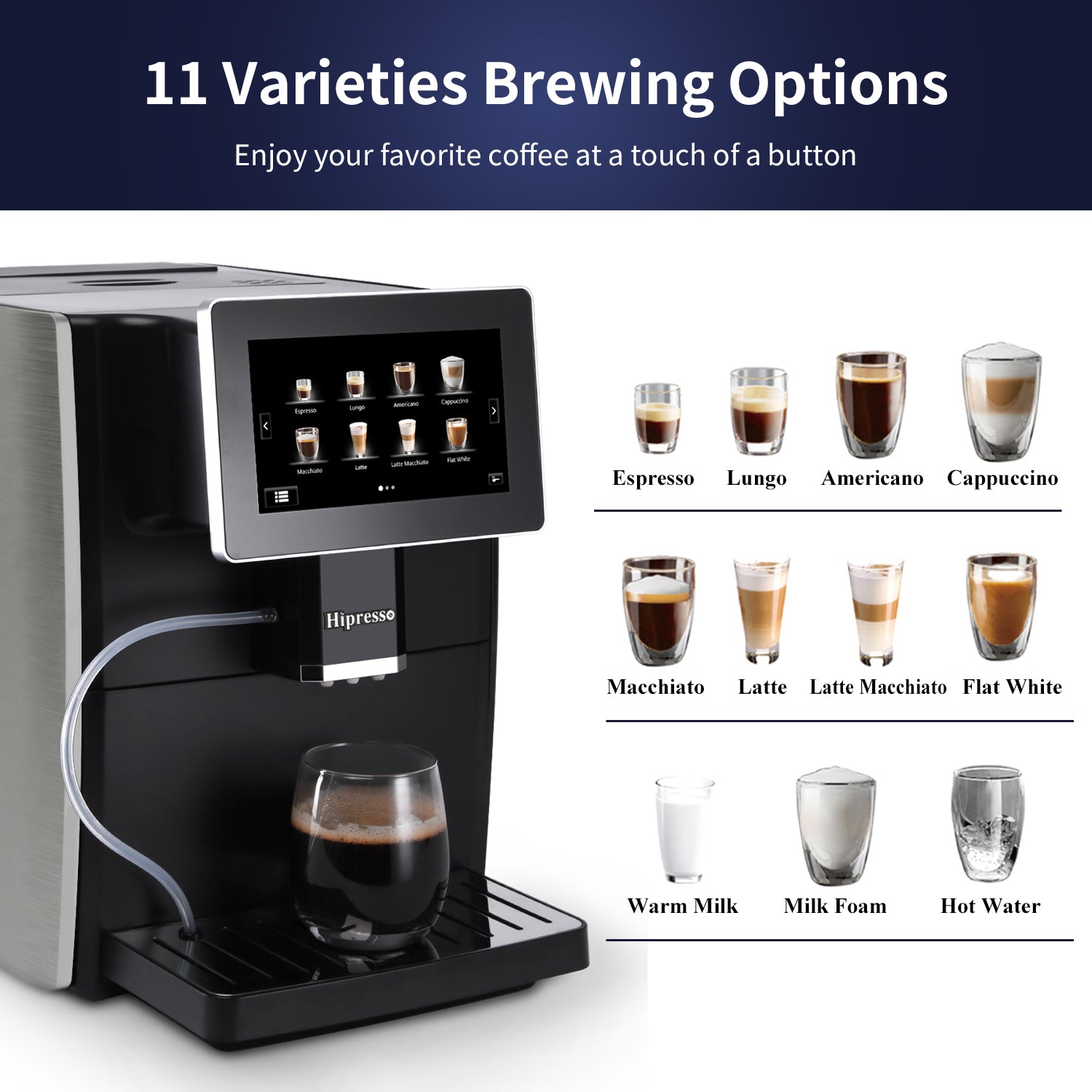 Hipresso Super-automatic Espresso Coffee Machine with Large 7 Display for Brewing Americano.Cappuccino. Latte. Macchiato.Flat White. Espresso Drinks