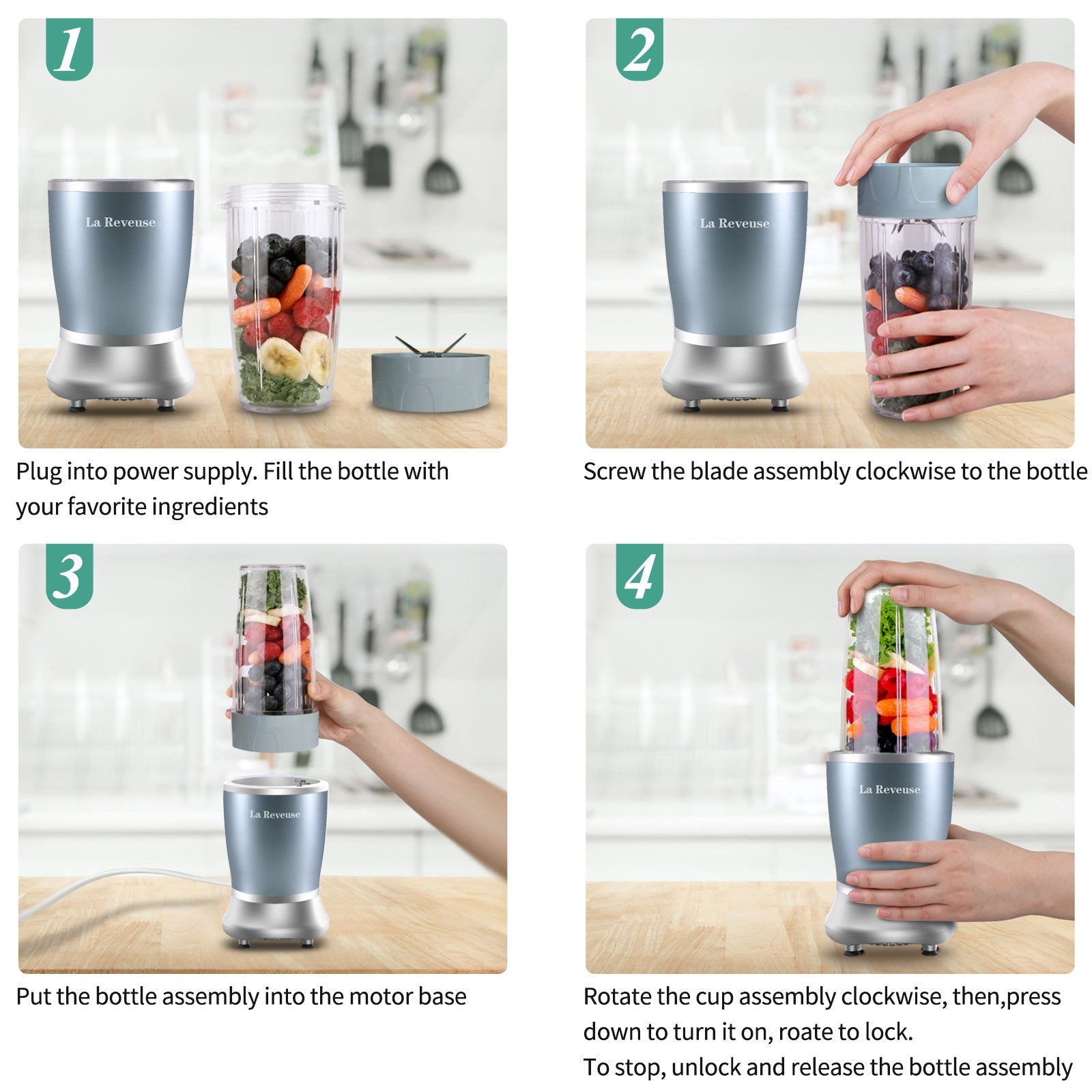 La Reveuse Personal Size Blender 250 Watts Power for Shakes Smoothies Seasonings Sauces with 1 Piece 15 oz Cup.1 Piece 10 oz Mug.BPA Free (Pearl Blue)