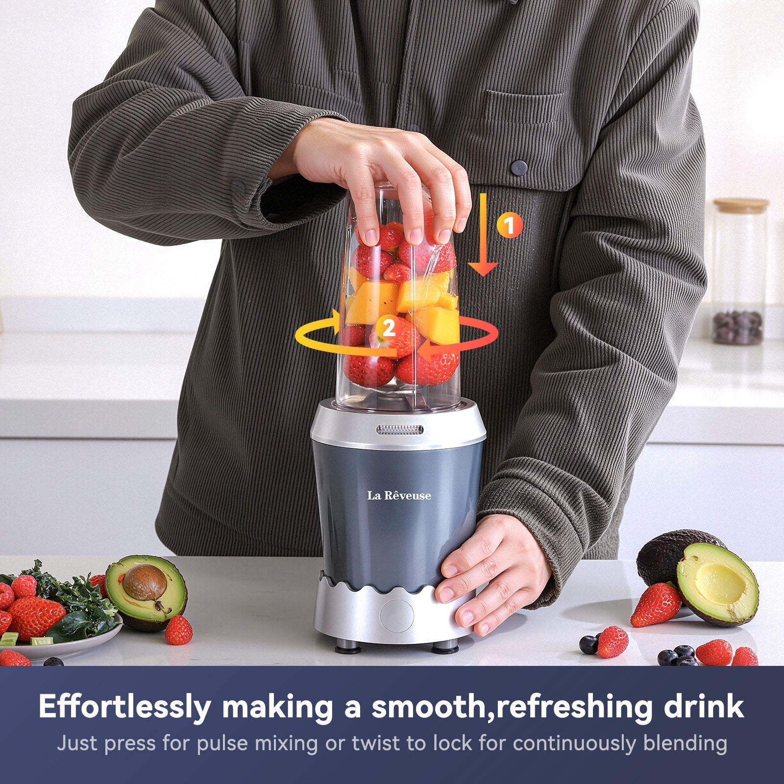 La Reveuse Personal Size Smoothie Blender Pro. 1000W High Speed with 24oz To-Go Cup. Ideal for Smoothies.Protein Shakes. Frozen Drinks. Food Prep. Gray