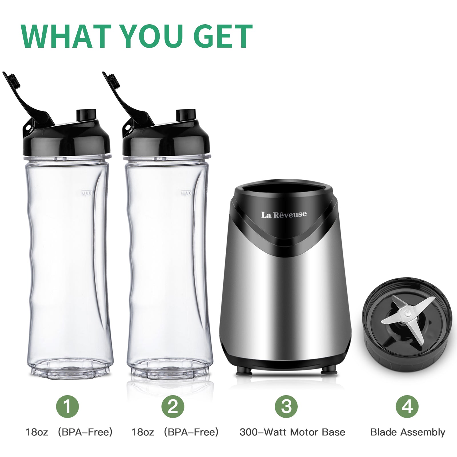 Smoothies Blender 300 Watt with 2 Pieces 18 oz BPA Free Portable Travel Sports Bottles (Silver 2 Cups)