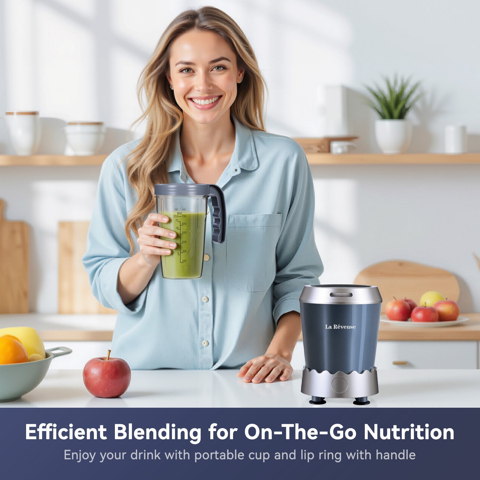 La Reveuse Personal Size Smoothie Blender Pro. 1000W High Speed with 24oz To-Go Cup. Ideal for Smoothies.Protein Shakes. Frozen Drinks. Food Prep. Gray