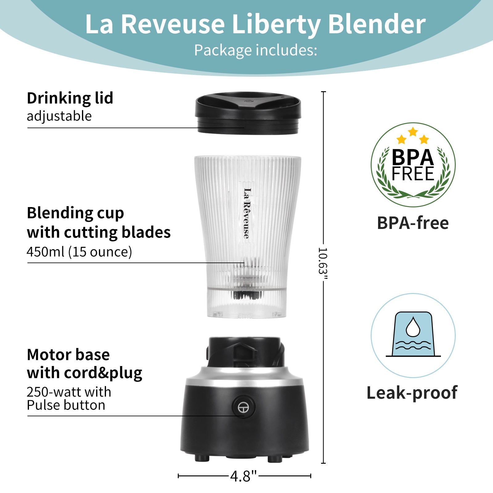 La Reveuse Personal Size Blender 250 Watts Power for Shakes Smoothies Seasonings Sauces with 15 oz Portable To Go Cup.BPA Free