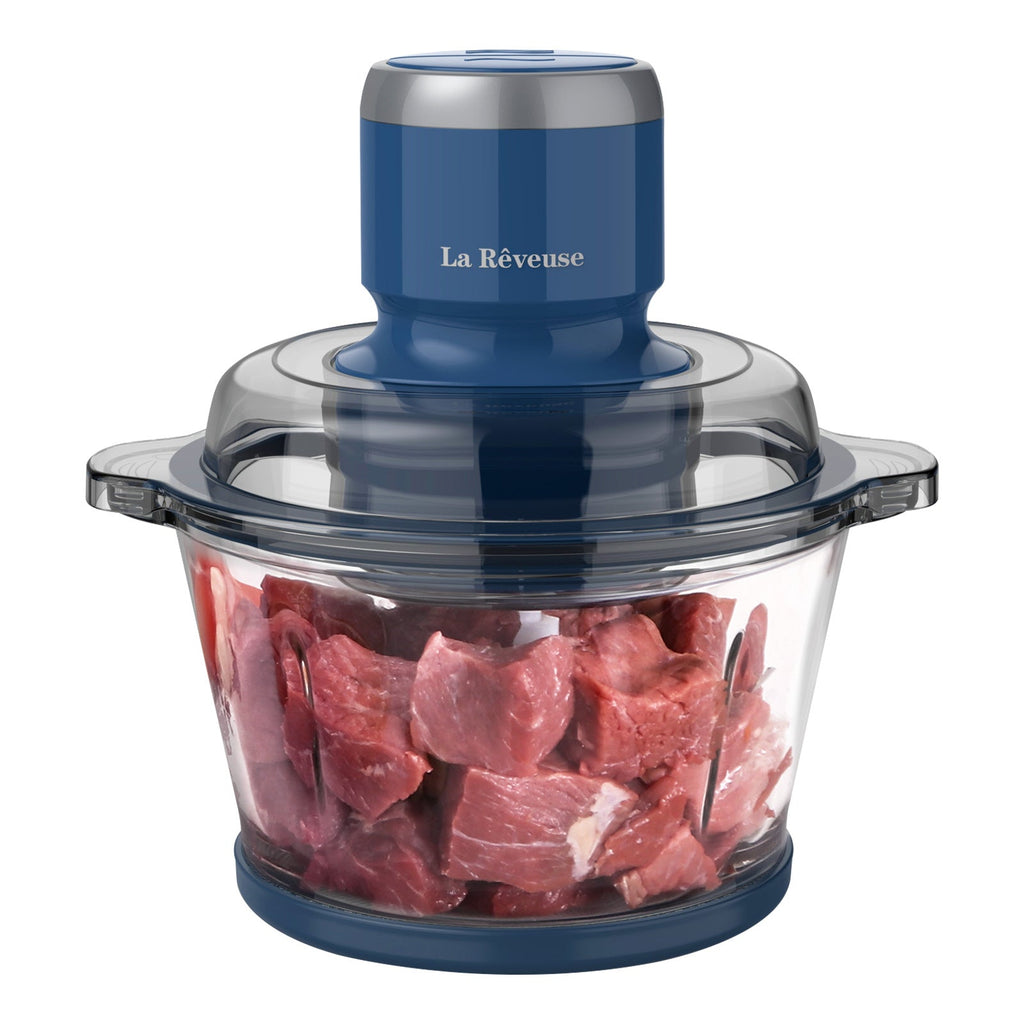La Reveuse Food Processor.Electric Food Chopper with 7-Cup (1.7L) Glass Bowl. 4 Bi-Level Blades for Chopping.Grinding.Mincing.Whisking.Meal Prep.300W.Blue