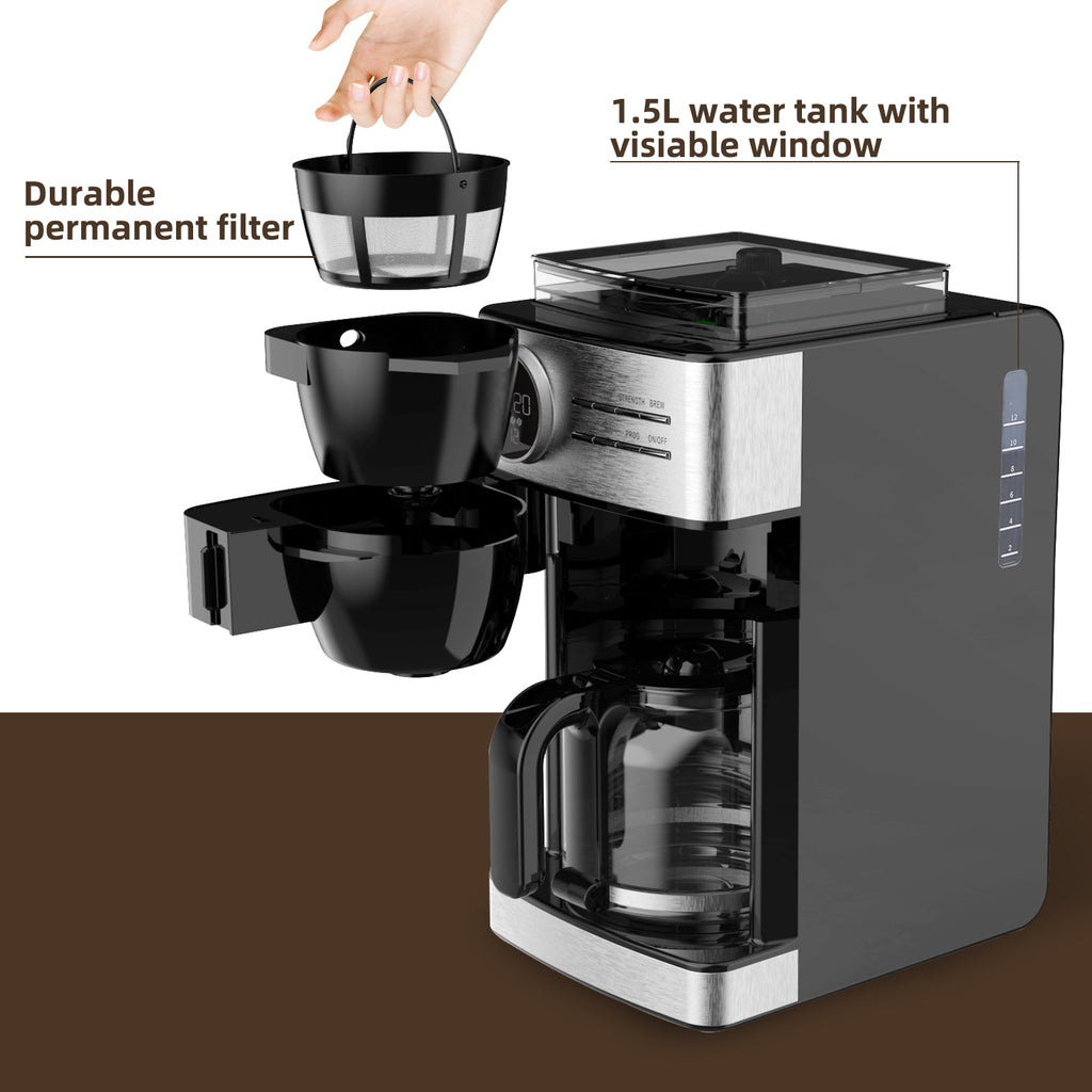 La Reveuse Programmable Drip Coffee Maker with Burr Grinder.2-Way Brewing.12 Cups.Black & Stainless Steel