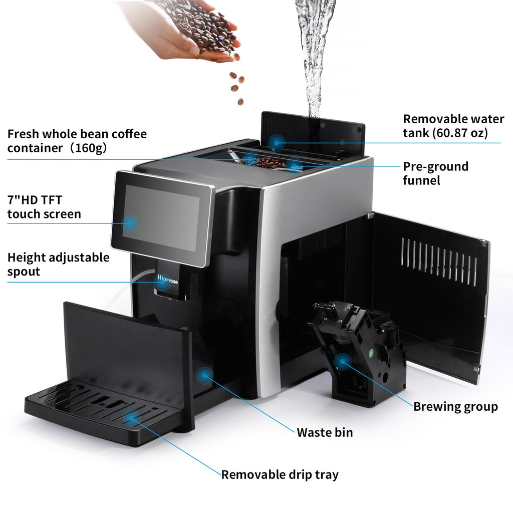 Hipresso Super-automatic Espresso Coffee Machine with Large 7 Display for Brewing Americano.Cappuccino. Latte. Macchiato.Flat White. Espresso Drinks