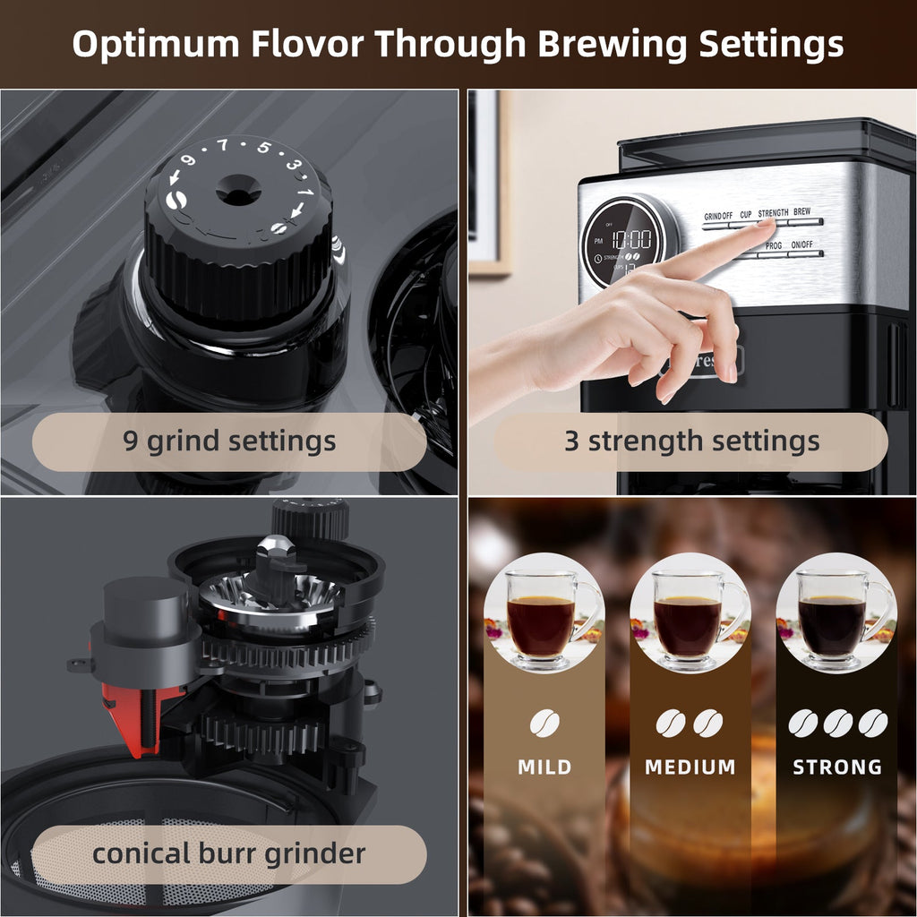 La Reveuse Programmable Drip Coffee Maker with Burr Grinder.2-Way Brewing.12 Cups.Black & Stainless Steel