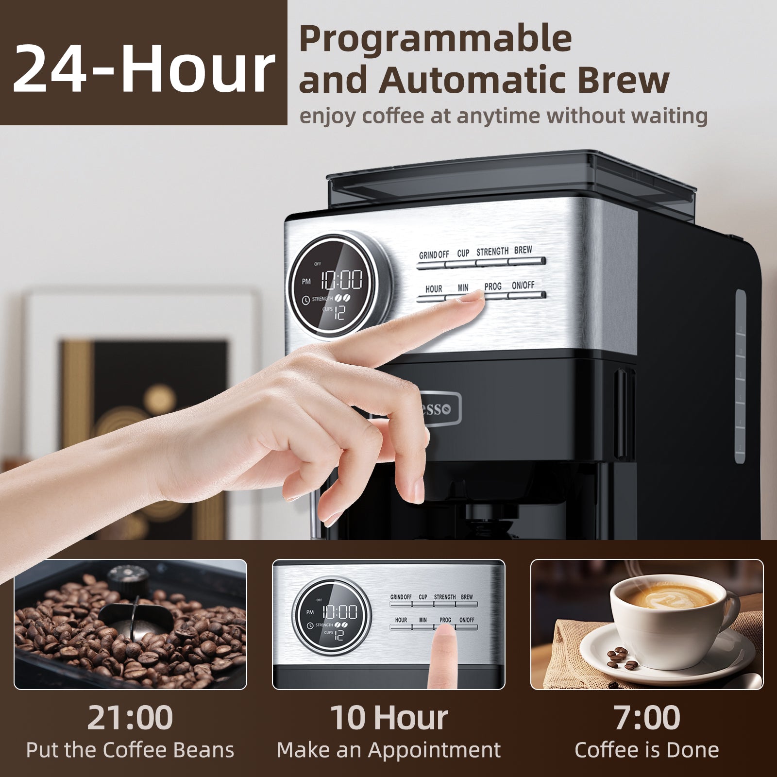 La Reveuse Programmable Drip Coffee Maker with Burr Grinder.2-Way Brewing.12 Cups.Black & Stainless Steel