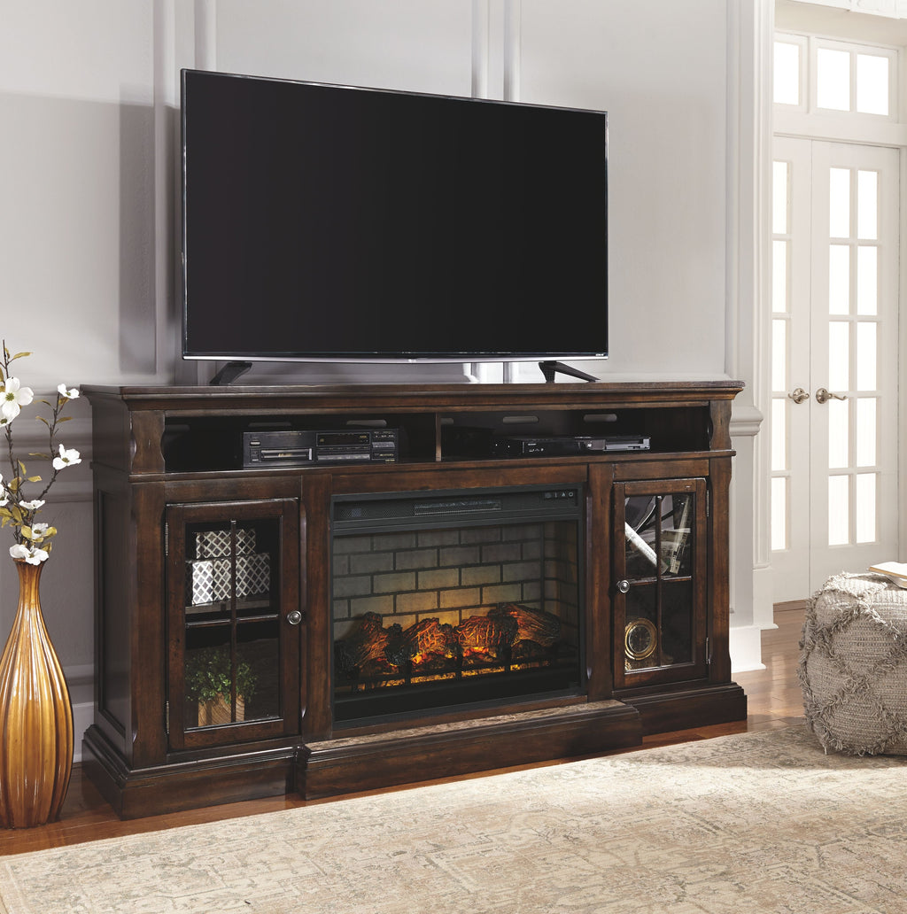 Roddinton - Dark Brown - 2 Pc. - 74 TV Stand with Electric Infrared Fireplace Insert