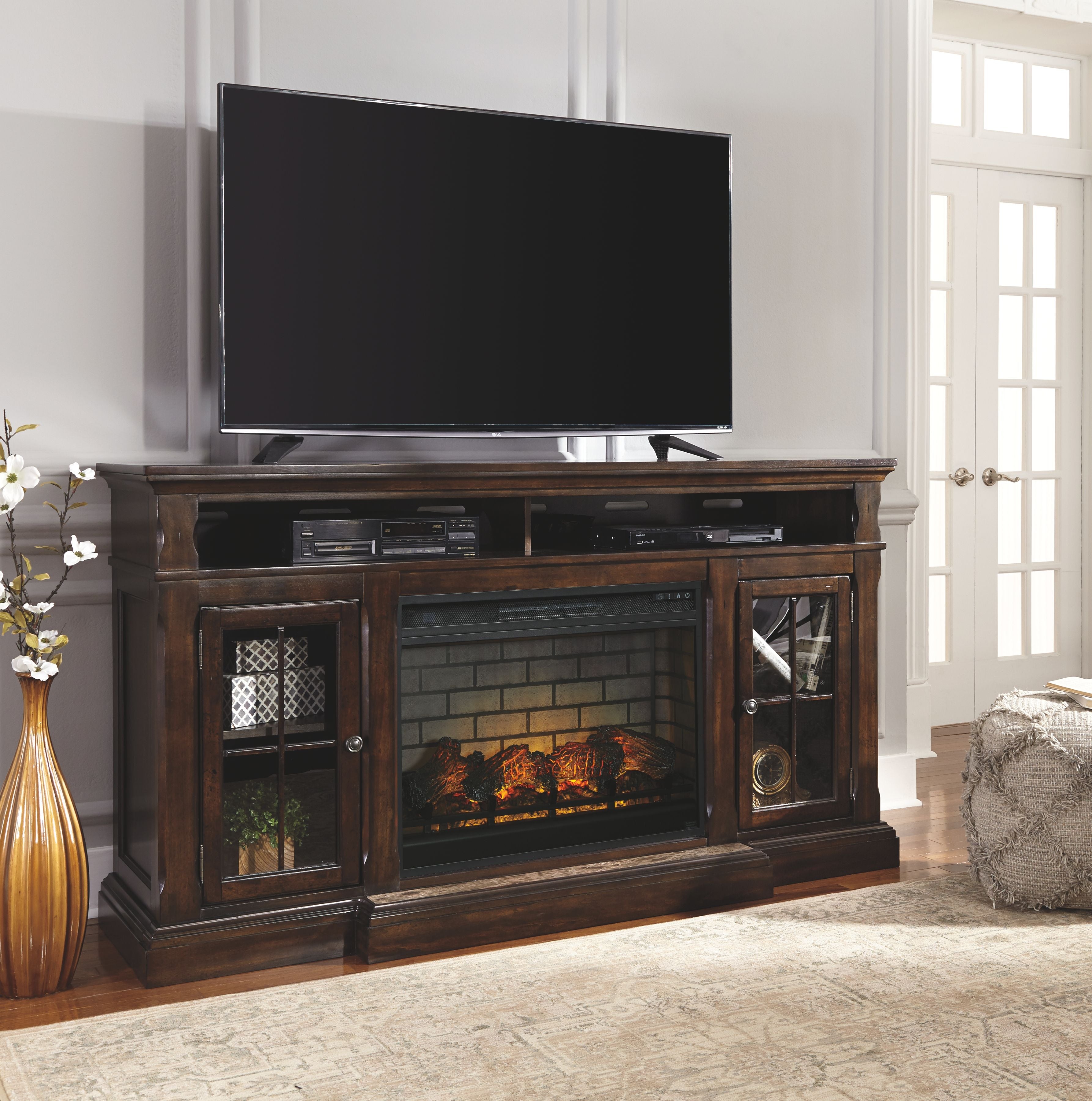 Roddinton - Dark Brown - 2 Pc. - 74 TV Stand with Electric Infrared Fireplace Insert