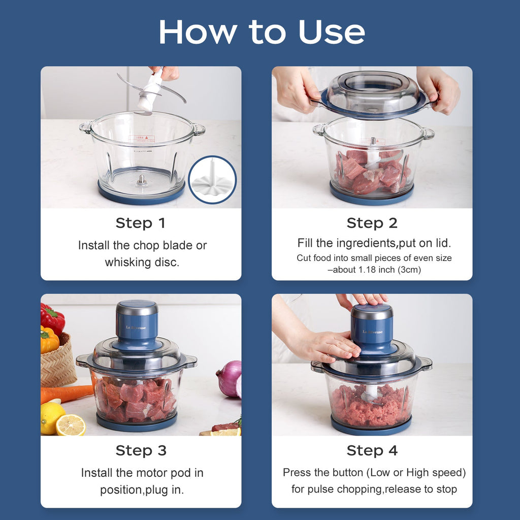 La Reveuse Food Processor.Electric Food Chopper with 7-Cup (1.7L) Glass Bowl. 4 Bi-Level Blades for Chopping.Grinding.Mincing.Whisking.Meal Prep.300W.Blue