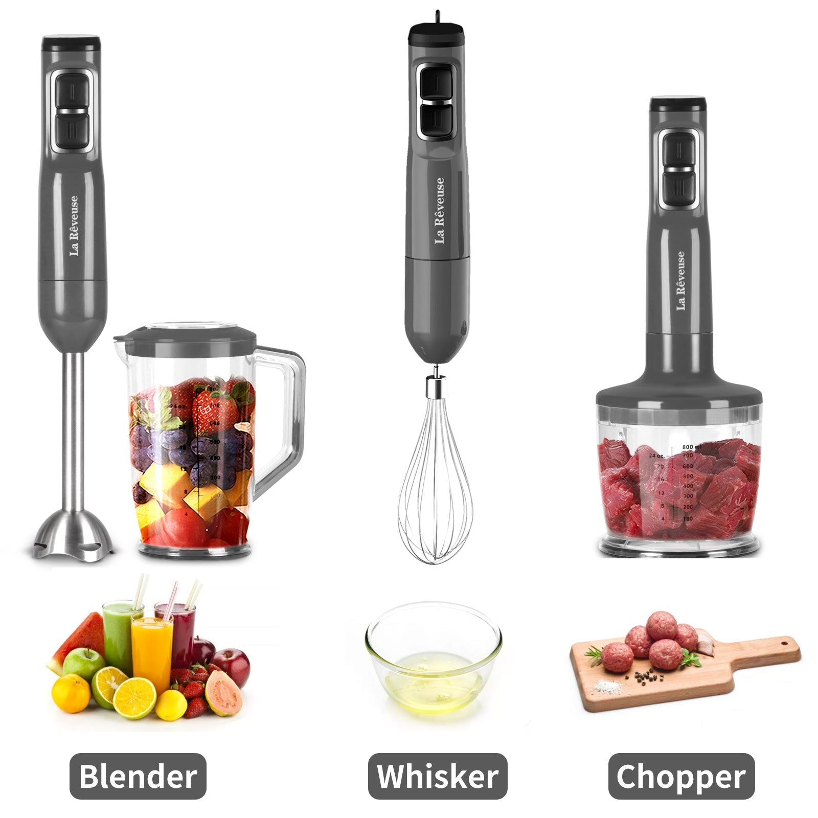 La Reveuse Immersion Hand Blender. 3 in 1. 300 Watts 2 Speeds Multi-purpose with Whisk.Mixing Beaker.Food Chopper Grinder attachments