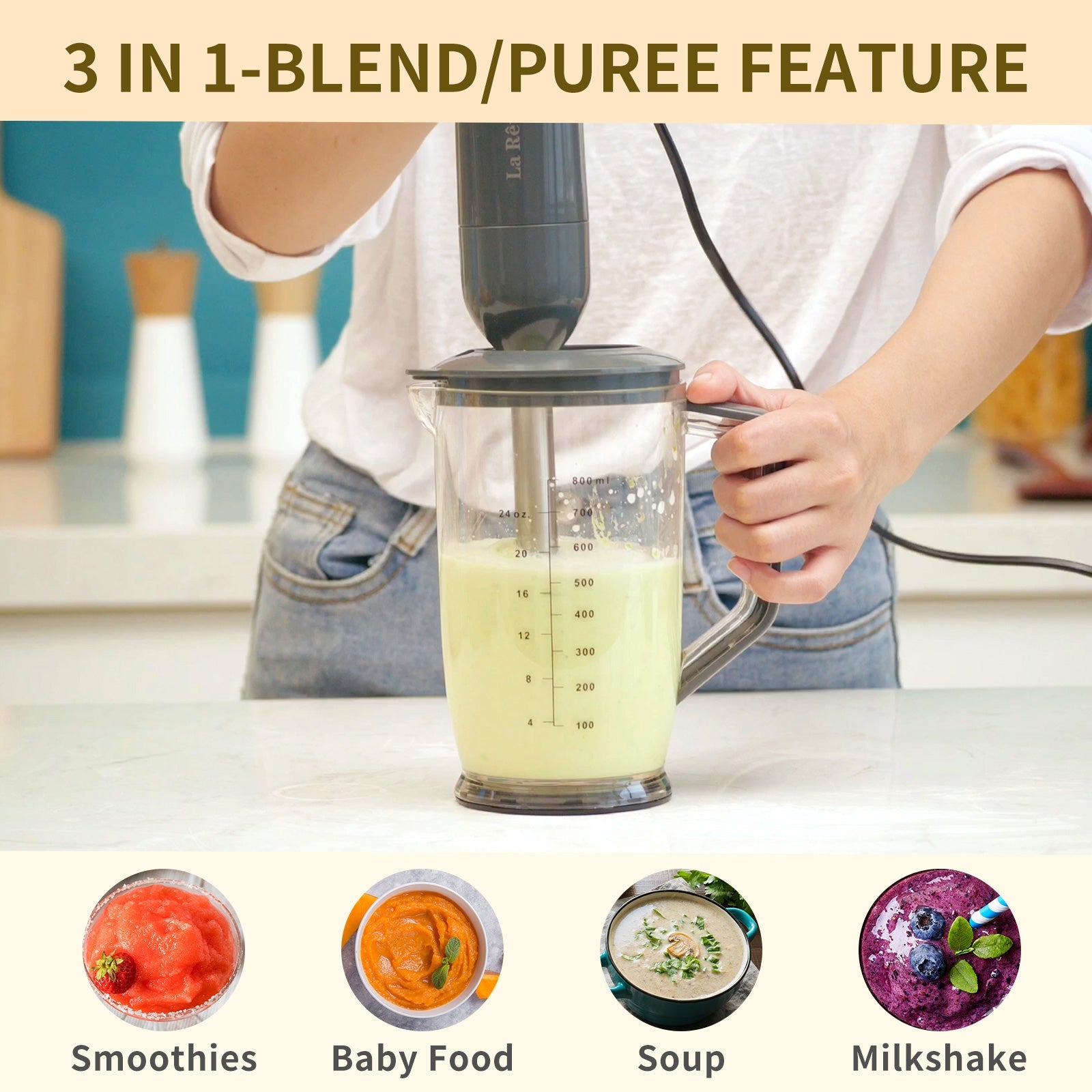 La Reveuse Immersion Hand Blender. 3 in 1. 300 Watts 2 Speeds Multi-purpose with Whisk.Mixing Beaker.Food Chopper Grinder attachments