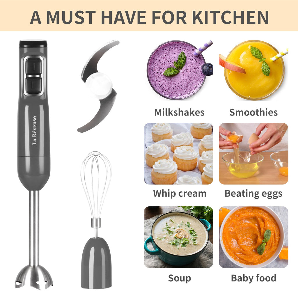 La Reveuse Immersion Hand Blender. 3 in 1. 300 Watts 2 Speeds Multi-purpose with Whisk.Mixing Beaker.Food Chopper Grinder attachments