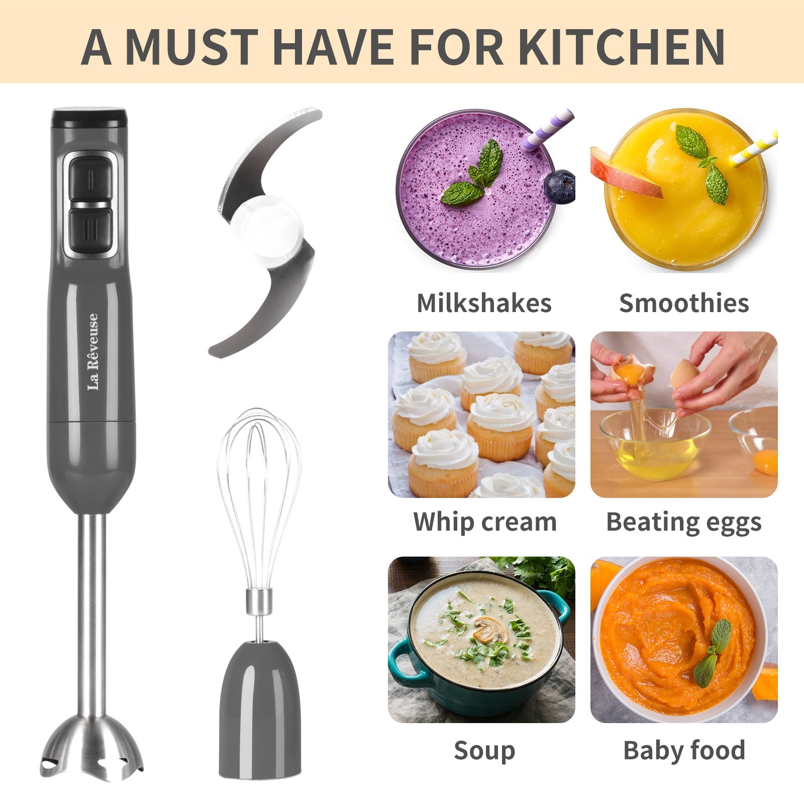 La Reveuse Immersion Hand Blender. 3 in 1. 300 Watts 2 Speeds Multi-purpose with Whisk.Mixing Beaker.Food Chopper Grinder attachments