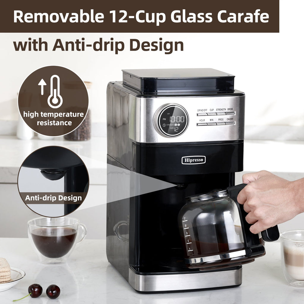 La Reveuse Programmable Drip Coffee Maker with Burr Grinder.2-Way Brewing.12 Cups.Black & Stainless Steel