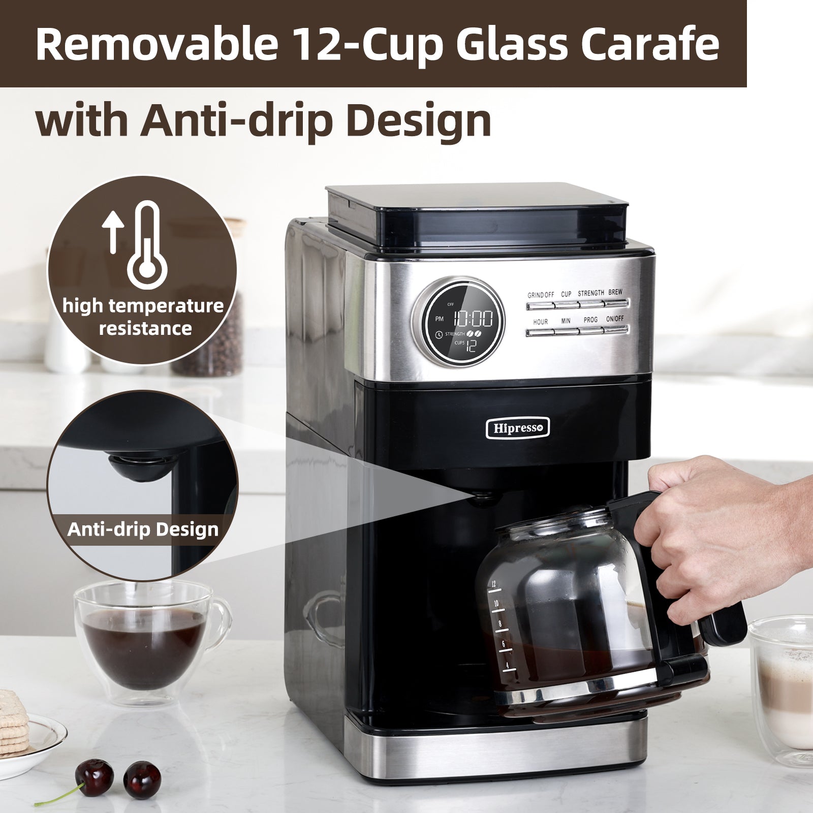 La Reveuse Programmable Drip Coffee Maker with Burr Grinder.2-Way Brewing.12 Cups.Black & Stainless Steel