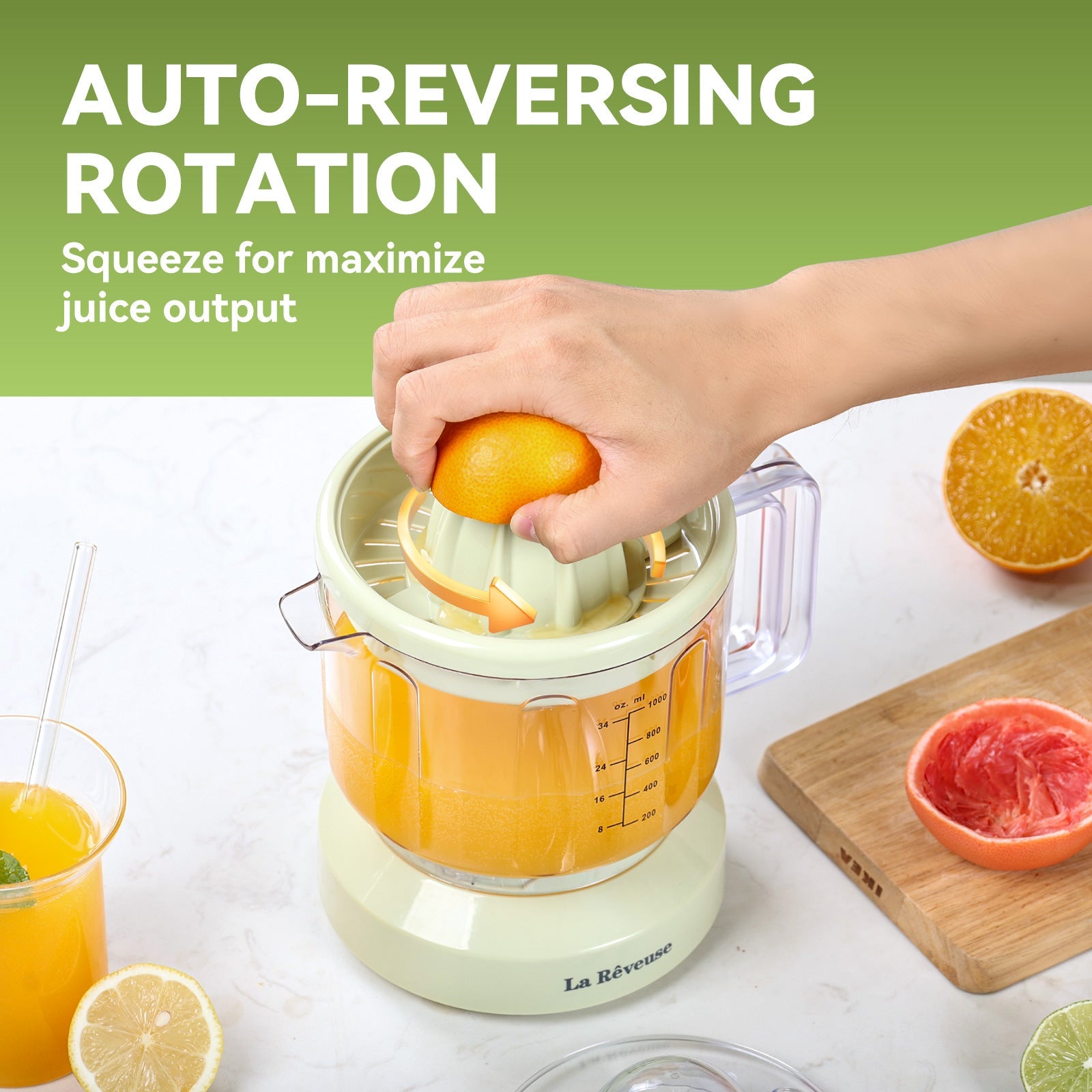 La Reveuse Electric Citrus Juicer 34 oz for Grapefruit Orange Lemon Lime Juice. 40W. Grayish Yellow