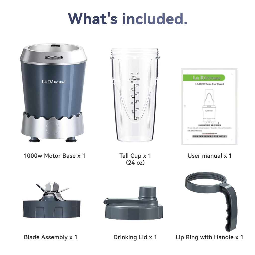 La Reveuse Personal Size Smoothie Blender Pro. 1000W High Speed with 24oz To-Go Cup. Ideal for Smoothies.Protein Shakes. Frozen Drinks. Food Prep. Gray