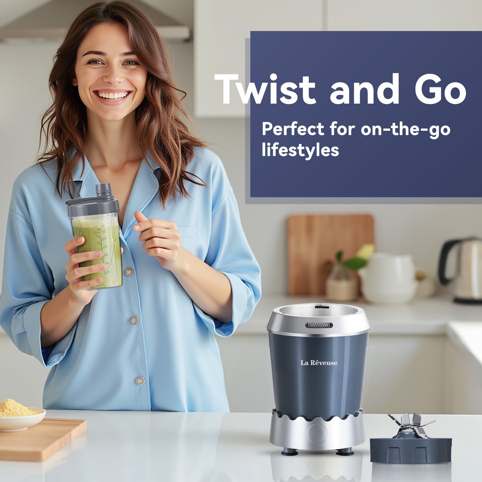 La Reveuse Personal Size Smoothie Blender Pro. 1000W High Speed with 24oz To-Go Cup. Ideal for Smoothies.Protein Shakes. Frozen Drinks. Food Prep. Gray