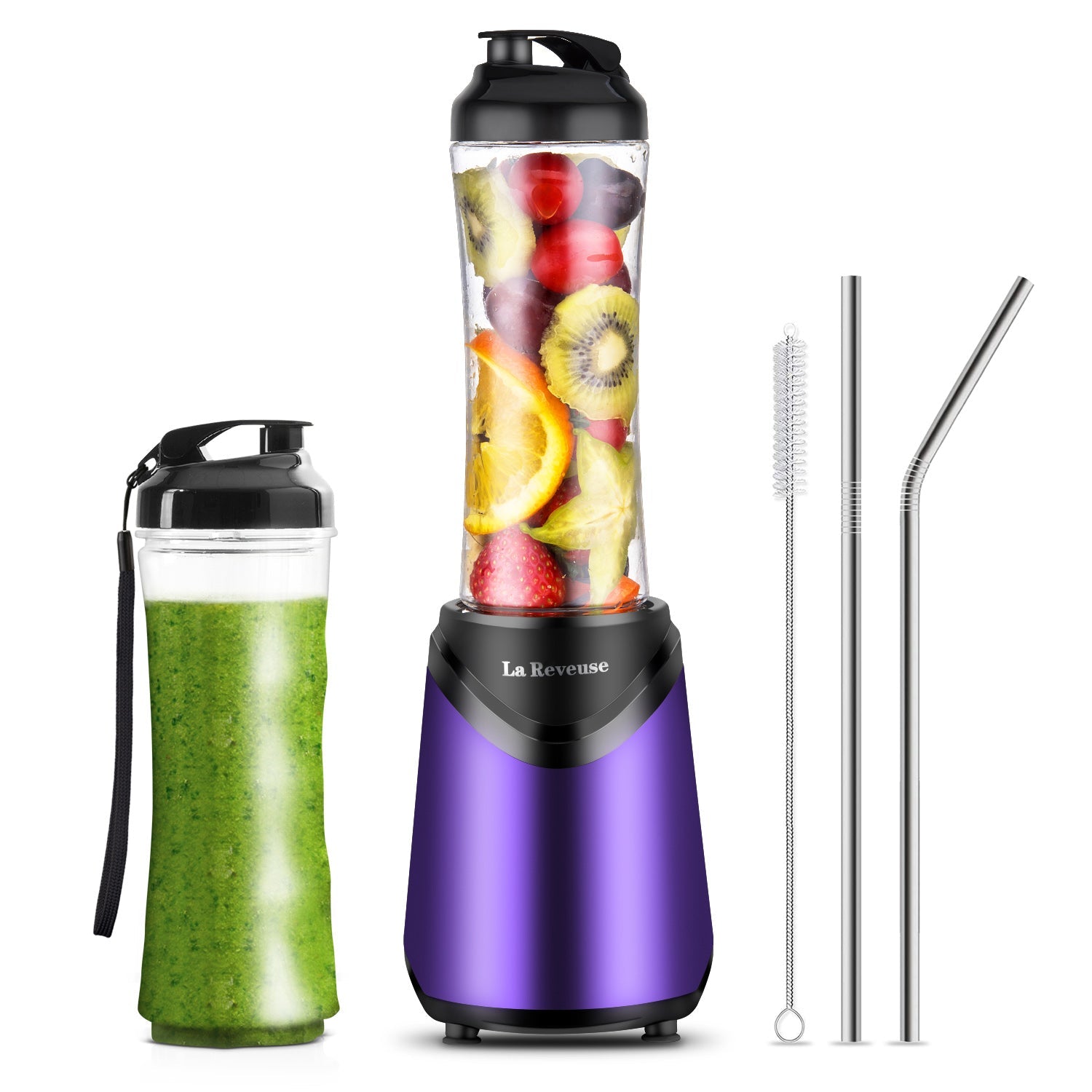 La Reveuse Smoothie Blender Personal Size 300 Watts with 2 Pieces 18 oz BPA Free Travel Sports Bottles.Purple