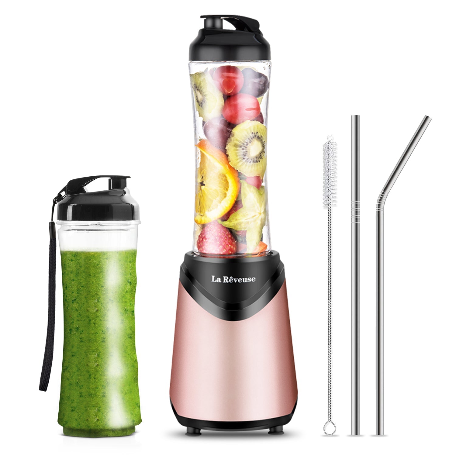 La Reveuse Smoothie Blender Personal Size 300 Watts with 2 Pieces 18 oz BPA Free Travel Sports Bottles.Grey (Pink)
