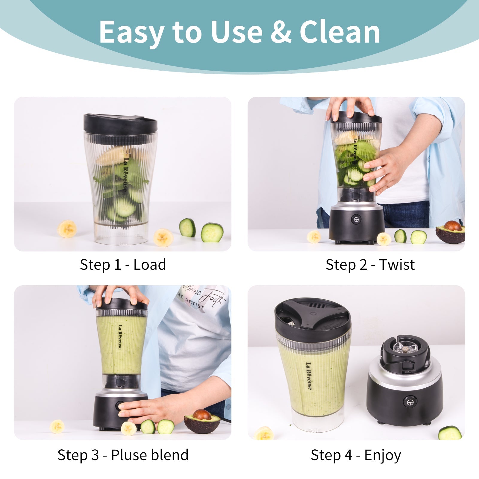 La Reveuse Personal Size Blender 250 Watts Power for Shakes Smoothies Seasonings Sauces with 15 oz Portable To Go Cup.BPA Free