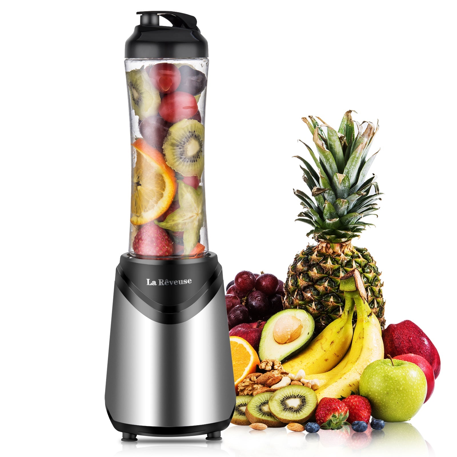 La Reveuse Smoothies Blender 300 Watt with 18 oz BPA Free Portable Travel Sports Bottle (Silver)