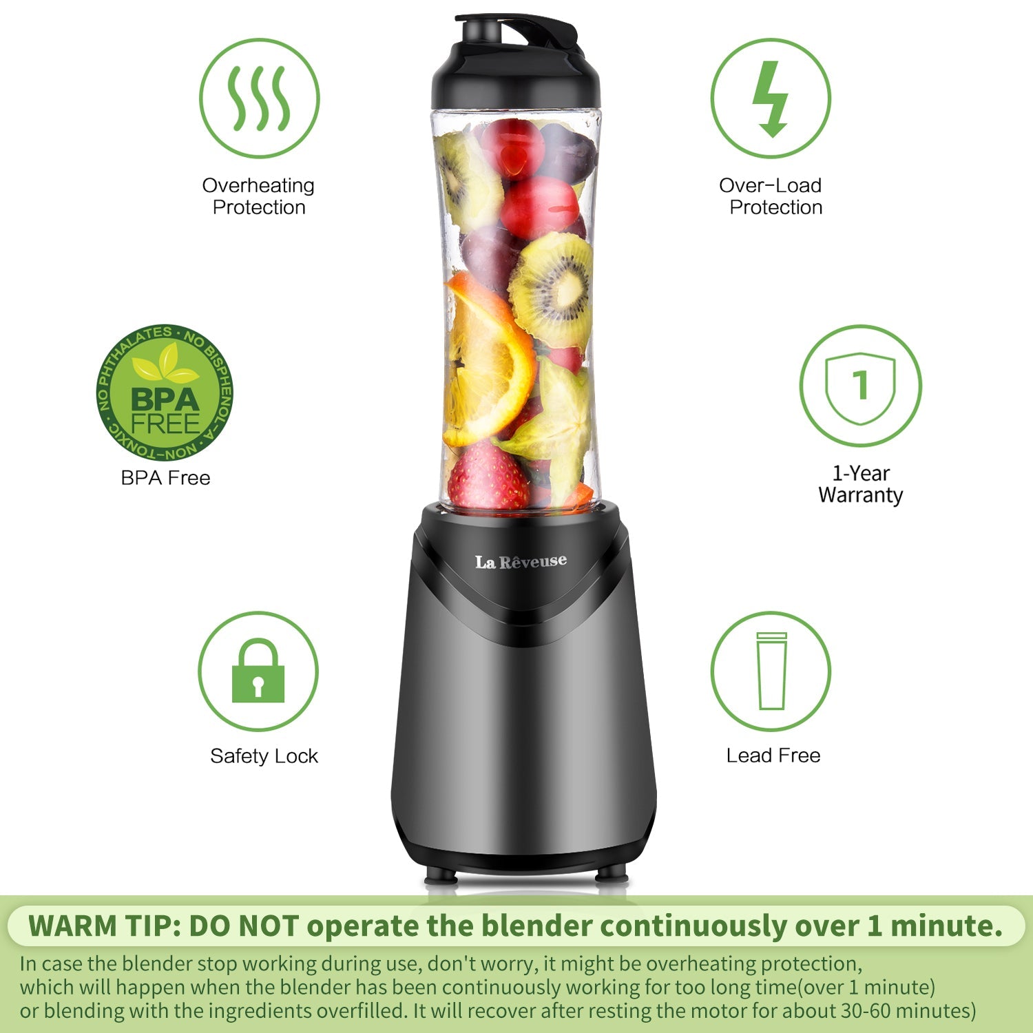 La Reveuse Smoothie Blender Personal Size 300 Watts with 2 Pieces 18 oz BPA Free Travel Sports Bottles.Grey