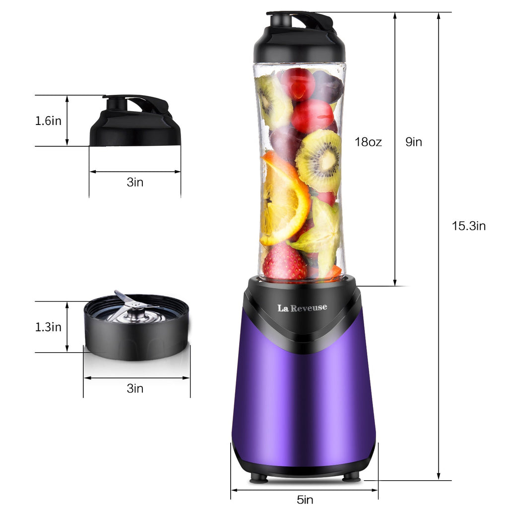 La Reveuse Smoothie Blender Personal Size 300 Watts with 2 Pieces 18 oz BPA Free Travel Sports Bottles.Purple