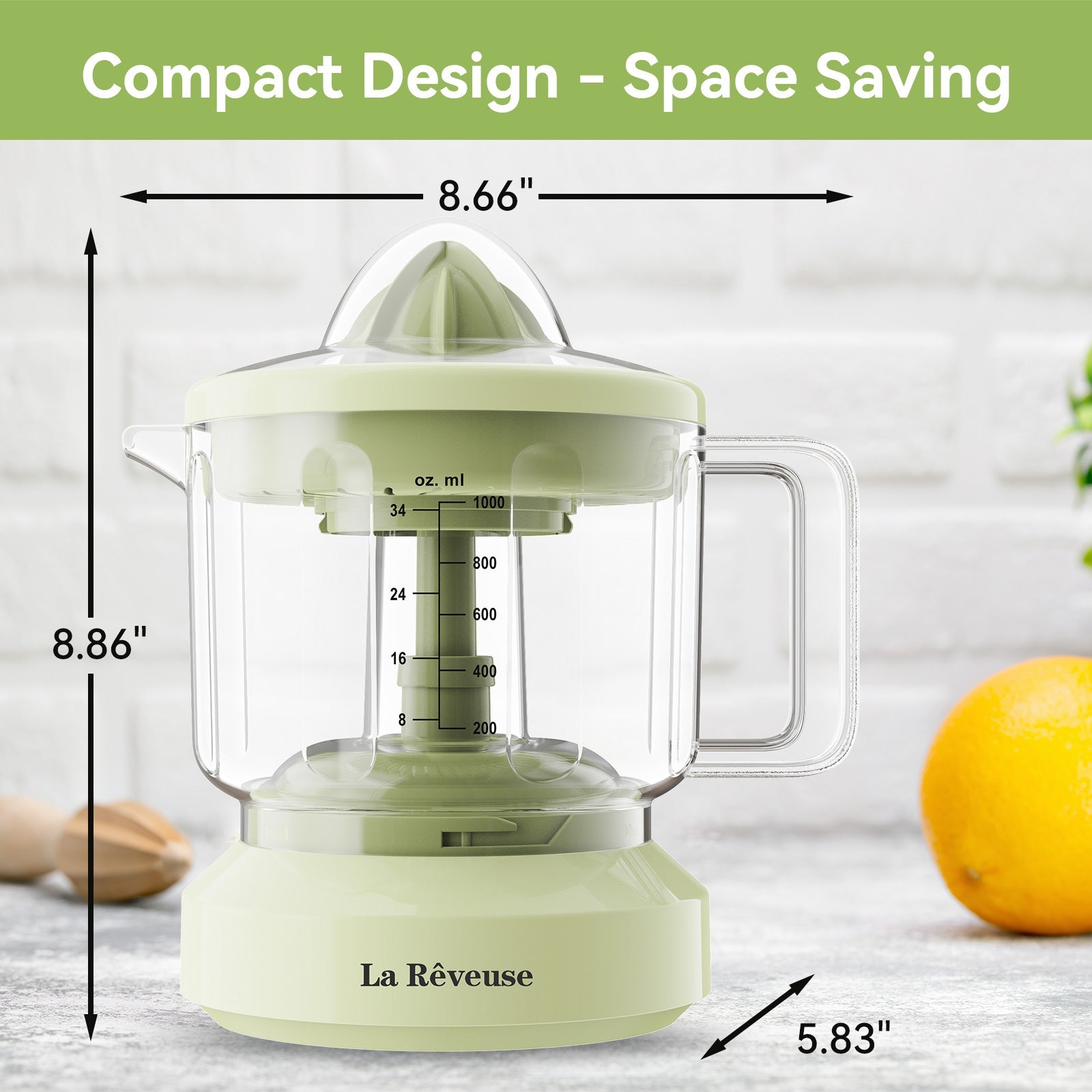 La Reveuse Electric Citrus Juicer 34 oz for Grapefruit Orange Lemon Lime Juice. 40W. Grayish Yellow