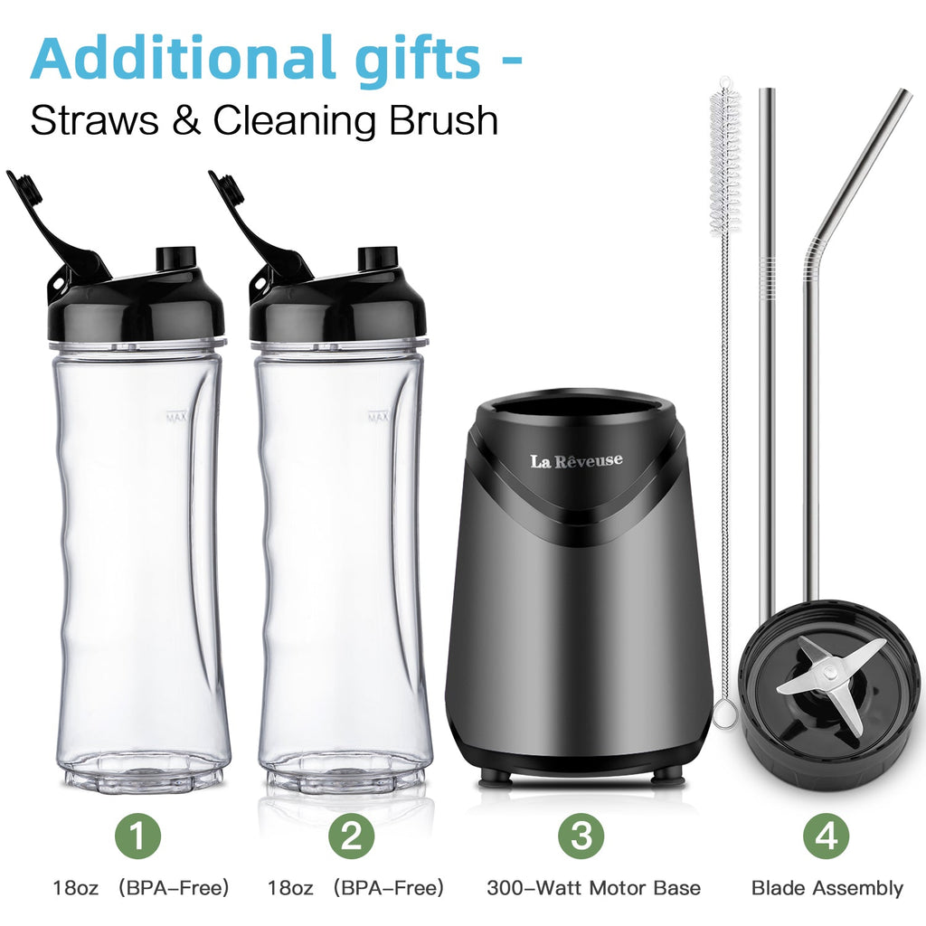 La Reveuse Smoothie Blender Personal Size 300 Watts with 2 Pieces 18 oz BPA Free Travel Sports Bottles.Grey